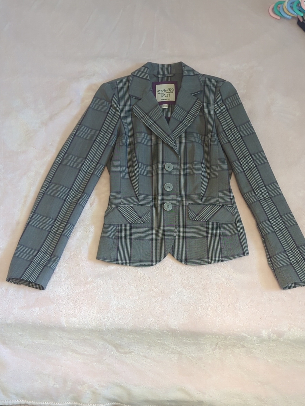 Esprit Gray Purple Plaid Tailored Blazer